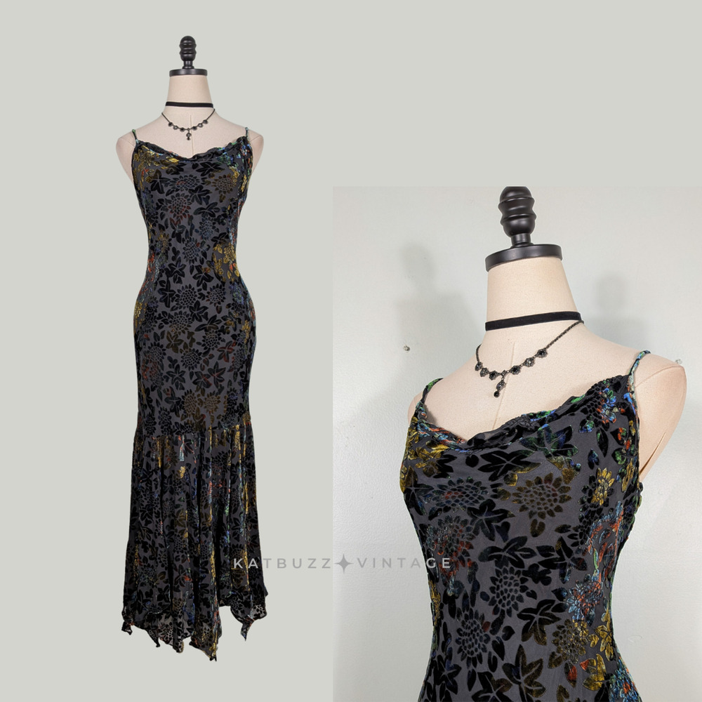 Vintage Velvet Burnout Evening Dress Maxi Gown 8 Black Silk Y2K 90S Grunge Goth
